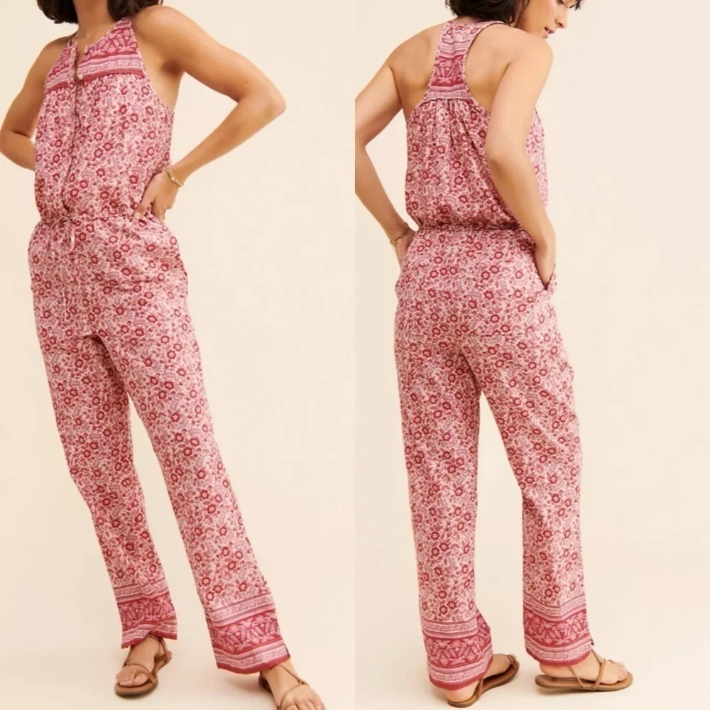 Faherty Adella Floral Pink Sleeveless Racerback Jumpsuit SIZE SMALL